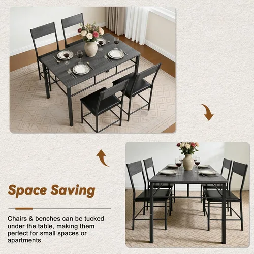 Vista 6 de Juego de mesa de comedor para 4, juego de mesa de cocina y sillas de 5 piezas, mesa de comedor rectangular de madera con marco de metal y tablero