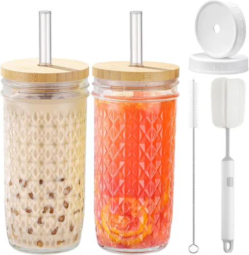 Vista 8 de Juego de 2 vasos de vidrio - Vasos para beber tipo Mason Jar de 24 oz con tapas de bambú y pajitas y 2 tapas herméticas, lindo vaso reutilizable