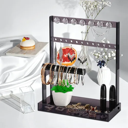 Vista 3 de Soporte para joyas, árbol de joyería, collar de 4 niveles, aretes, pulsera, anillos, relojes, organizador de joyería acrílico, exhibición, torre