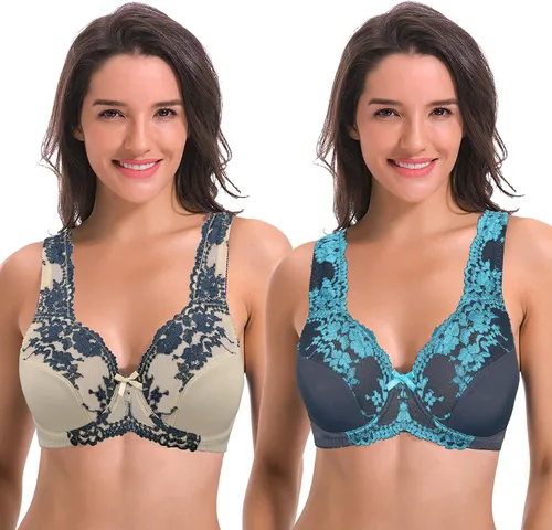 Vista 9 de Curve Muse Brasier reductor sin forro con aros para mujer con bordado de encaje, paquete de 2