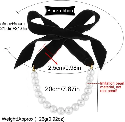 Vista 3 de AKOAK 1 paquete de collar de lazo negro vintage con lazo de perlas, longitud ajustable, elegante collar de joyería único, cadena de suéter