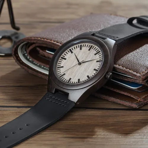 Vista 4 de LEFTLY Reloj de madera para hombre, hecho a mano, ligero, analógico, de madera, con correa de cuero, Negro -, Casual
