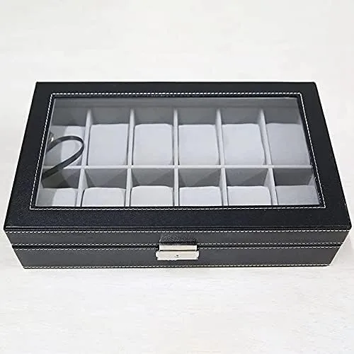 Vista 2 de XWWDP - Caja de reloj grande para hombres, organizador de vitrina de reloj, bandeja organizadora de joyas, parte superior de cristal, piel sintética