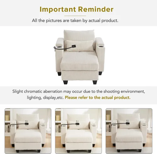 Vista 9 de ERYE Tumbona versátil de 37.4 pulgadas, sofá convertible flexible con brazos de almacenamiento, puertos USB y portavasos, tumbona reclinable