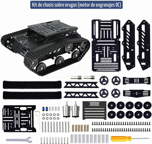 Vista 6 de Chasis de automóvil tanque con motor de engranaje de CC, chasis robot absorbente de golpes, plataforma móvil robótica de metal completo para Arduino