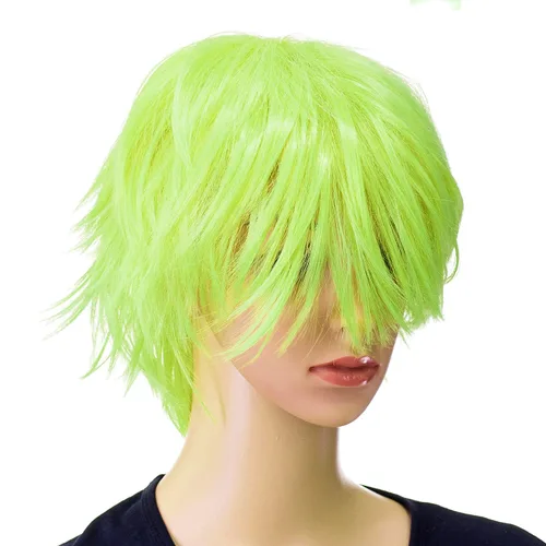 Vista 3 de SWACC Peluca corta unisex de moda con capas de anime, para hombres y mujeres (verde lima)