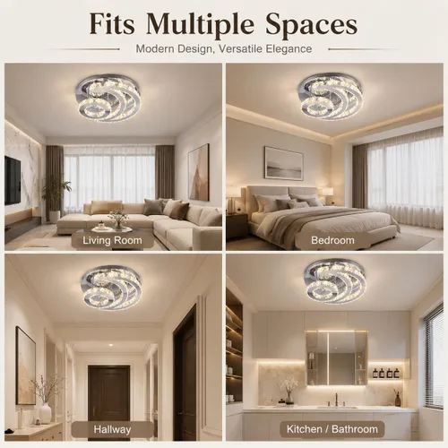 Vista 6 de Lámpara de techo LED moderna de 15.7 pulgadas, lámpara de araña de cristal de montaje empotrado, lámpara moderna con forma de luna redonda para sala