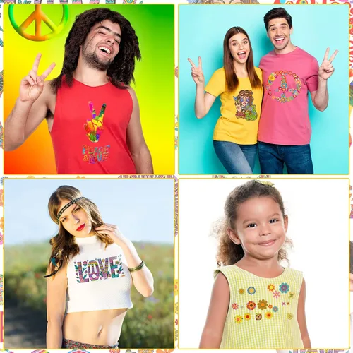 Vista 5 de Containlol 12 hojas de parches hippie para planchar, calcomanías de transferencia de calor para ropa, primavera, paz, amor, corazón, flor, apliques