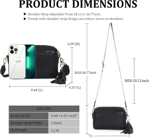 Vista 3 de Bolsos cruzados para mujer, bolso cruzado pequeño de cuero vegano, bolso de hombro para mujer con 2 correas anchas y borlas
