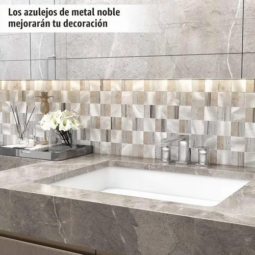 Vista 4 de BeNice Salpicadero Autoadhesivo de Despegar y Pegar de Metal para Cocina, Adhesivos de Pared de Mosaico Cuadrado Gris (Gris Rústico 10 Hojas)