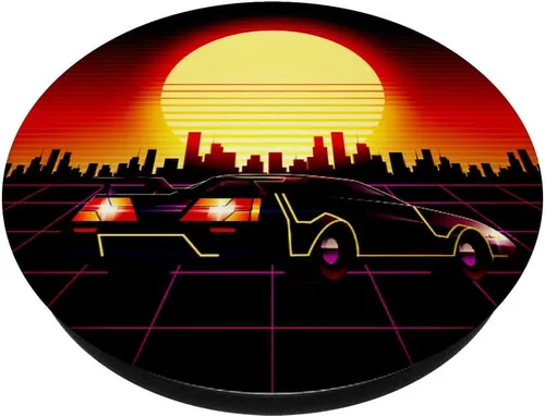 Vista 3 de Retro Synthwave Vaporwave 80s Style Design - Coche - Skyline PopSockets agarre y soporte para teléfonos y tabletas, Negro