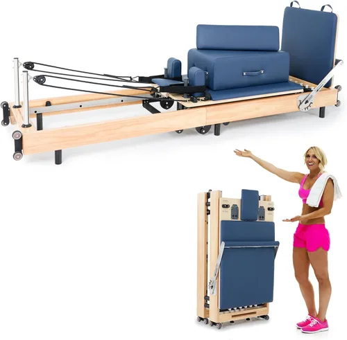 Vista 8 de Foldable Oak Wood Pilates Reformer Machine for Home and Studio Training 500 lb capacity with box, jump board and foot board for home workouts or