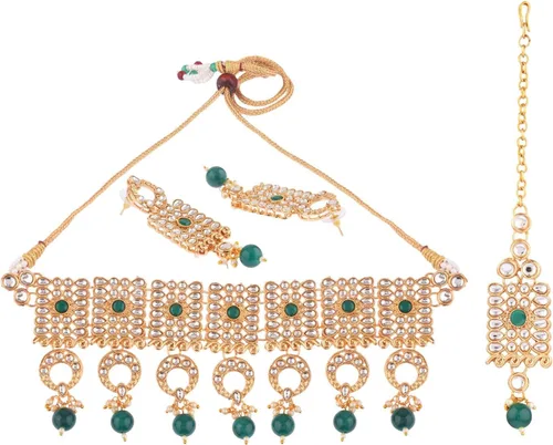 Vista 5 de Efulgenz Indian Jewelry Set Kundan Crystal Choker Necklace Dangle Earrings Maang Tikka Head Chain Bollywood Wedding Jewelry for Women