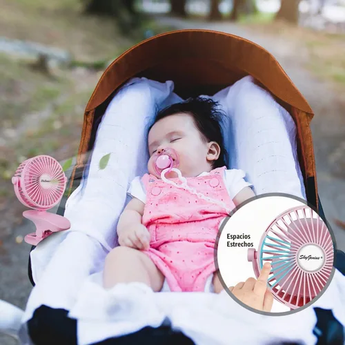 Vista 5 de SkyGenius Ventilador de cochecito de bebé con clip a pilas (rosa)
