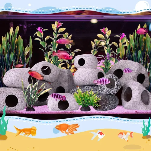 Vista 5 de Gejoy 28 piezas de decoración de acuario, accesorios para pecera de cueva, plantas verdes, incluyen 12 cuevas de roca de cerámica y 16 plantas
