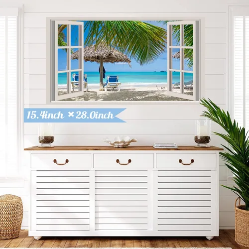 Vista 2 de Adhesivo de pared de playa 3D falso para ventanas, calcomanías de pared de paisaje marino de playa, calcomanías extraíbles 3D para paredes de Blue