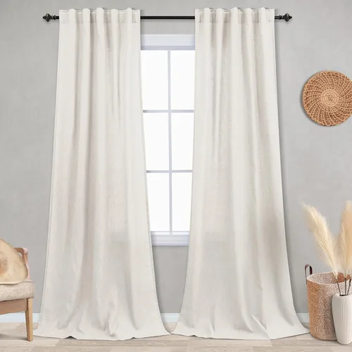Vista 17 de Cortinas rústicas color beige tostado de 42 x 84 pulgadas de largo para sala de estar, juego de 2 paneles transparentes de lino natural, imitación