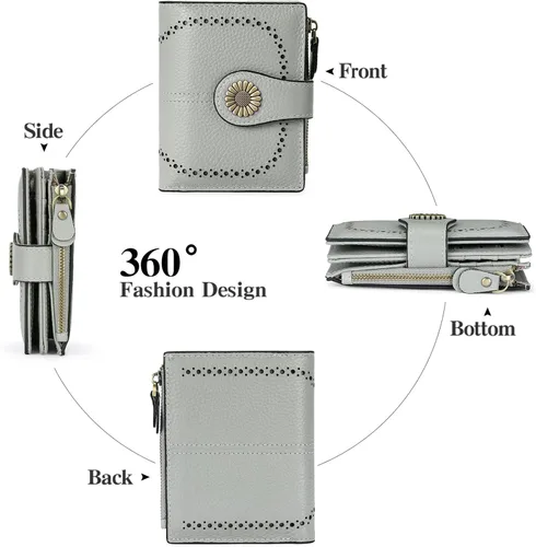 Vista 4 de SENDEFN Cartera pequeña de cuero plegable para mujer, con bloqueo RFID y bolsillo para monedas con cremallera, 3-Natural-Gris-2, Compacto