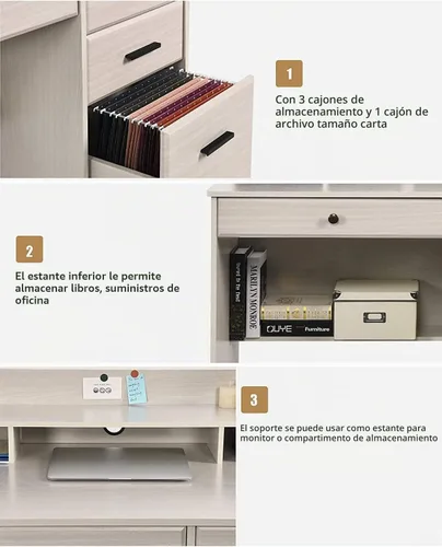 Vista 4 de Escritorio blanco para oficina en casa con 4 cajones y gabinete, mesa de computadora para dormitorio, blanco roto