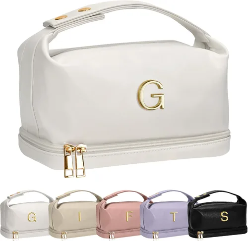 Vista 163 de Bolsa de maquillaje con asa, bolsa de cosméticos impermeable de doble capa, bolsas de maquillaje de cuero PU de gran capacidad con letra, bolsa