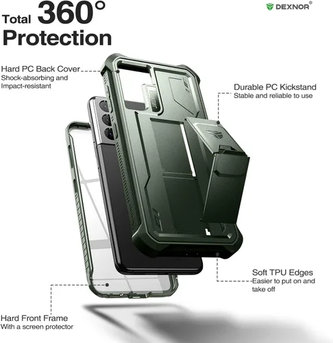 Vista 5 de Dexnor Funda para Samsung Galaxy S21, [Protector de pantalla y soporte integrados] Protección de grado militar de servicio pesado a prueba
