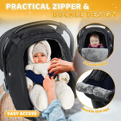 Vista 4 de Orzbow Funda de Asiento de Coche para Bebé Invierno - Funda Impermeable para Asiento de Coche para Asientos de Coche y Cochecitos Doona, Toldo Negro