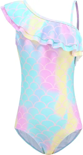 Vista 11 de Trajes de baño de una pieza para niñas, traje de baño con volantes de un hombro Bandera estadounidense 06
