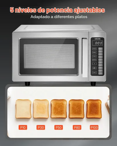 Vista 5 de VEVOR Horno microondas comercial, 0.9 pies cúbicos, 1000W Horno microondas digital de acero inoxidable para encimera con pantalla táctil, 10 ajustes