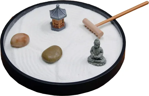Vista 2 de Nature's Mark Mini kit de jardín zen para escritorio con rastrillo, arena blanca, base redonda negra, figura de pagoda en miniatura, rocas de río