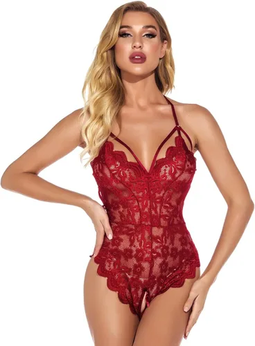 Vista 2 de Lencería sexy sin espalda para mujer, cuello en V profundo, body de encaje babydoll ropa interior ropa de noche