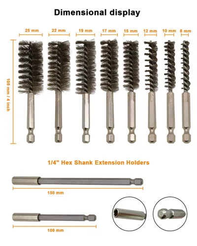 Vista 2 de Cepillo de alambre de acero inoxidable para taladro, accesorio redondo largo para limpiar el óxido 10Pcs Stainless Steel & Brass Wire Brush Set 8