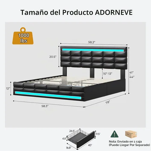 Vista 2 de ADORNEVE - Marco de cama de tamaño matrimonial con 4 cajones de almacenamiento y estación de carga