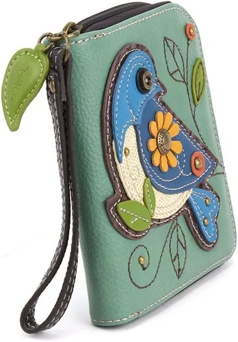 Vista 2 de Chala - Cartera con cremallera, para muñeca, 8 ranuras para tarjetas de crédito, piel sintética resistente Bluebird - Verde azulado