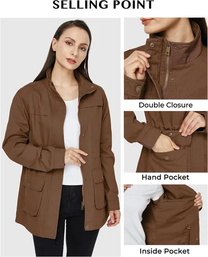Vista 5 de WenVen Chaqueta militar casual para mujer, de algodón, cuello alto, abrigo anorak