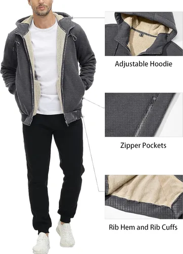 Vista 4 de MAGCOMSEN Chaqueta Sherpa con capucha de forro polar para hombre, con cremallera completa, cálida, mullida, resistente al viento, abrigos