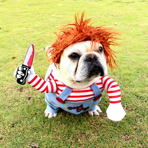 Vista 6 de GOYOSWA Disfraz de Halloween para perro, muñeca mortal para perro, disfraz divertido para perro, ropa de disfraz de Halloween para perros pequeños
