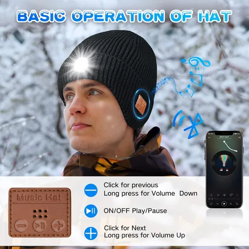 Vista 3 de Bluetooth Beanie with Light, HD Stereo Sound and Built-in Super Bright LED, Cool Gadgets Unique Tech Gifts for Men