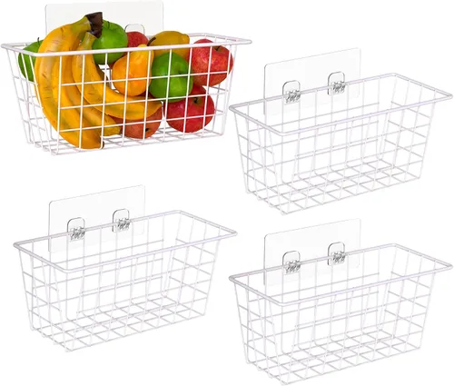 Vista 10 de Cestas de cocina colgantes para almacenamiento adhesivas pequeñas cestas de almacenamiento de alambre sin perforación, estante montado en la pared