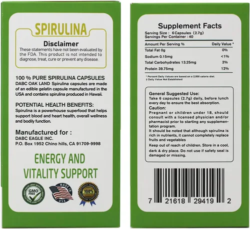 Vista 7 de Cápsulas de espirulina 240 cápsulas, alimentos saludables, 100% vegetarianos,Espirulina hawaiana pura 450 mg, apoya el sistema inmunológico