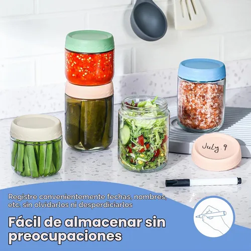 Vista 5 de DRKIO Recipientes de avena de 10 y 16 onzas con tapas, paquete de 6 tarros de vidrio con tapas herméticas, tarros de comida masón de boca ancha 10