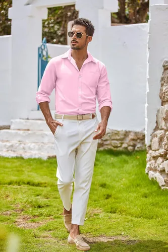 Vista 4 de COOFANDY Camisa Oxford de manga larga con botones para hombre, camisas de vestir de ajuste regular