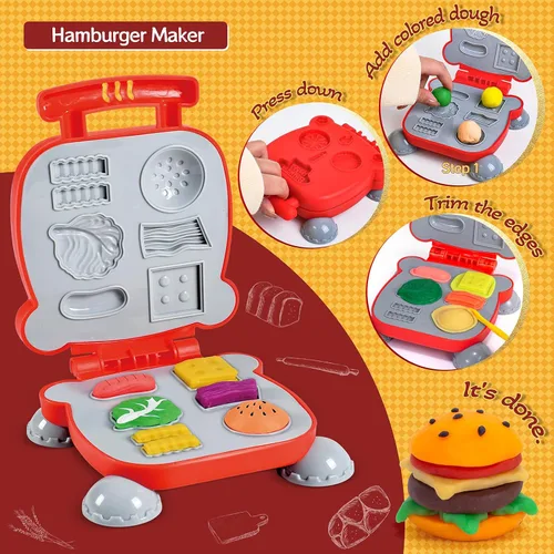 Vista 4 de Juego de Masa Colorida 3 en 1 para Niños de 3 a 8 años, Kit de Accesorios para Masa, Set de Helado, Fideos, Hamburguesa, Creaciones de Cocina
