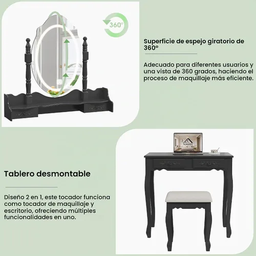 Vista 6 de Escritorio de tocador con espejo y luces, mesa de maquillaje moderna y taburete acolchado con 4 cajones, 3 modos de iluminación de color con brillo