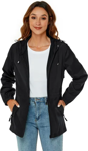 Vista 5 de Avoogue Chaqueta impermeable para mujer, ligera, plegable, con capucha, rompevientos con bolsillo activo