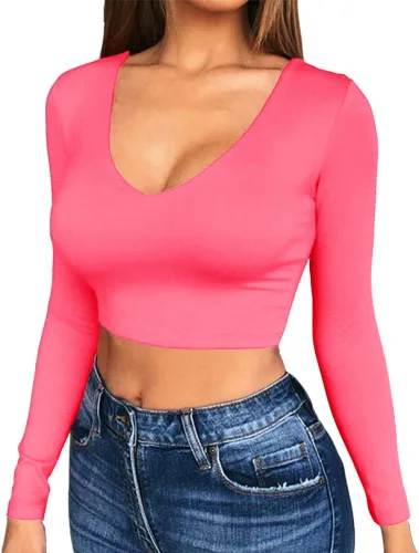 Vista 12 de Artfish Women's Long Sleeve Scoop V Neck Crop Top 04# Cuello en V Negro