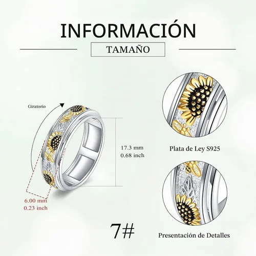 Vista 3 de POPLYKE Anillos giratorios de plata de ley para aliviar el estrés, joyería para regalar Girasol de abeja