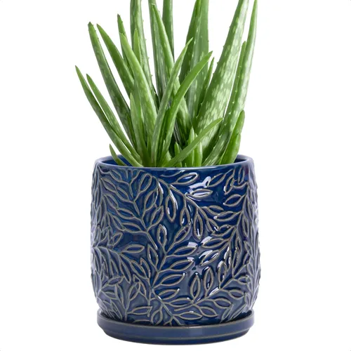 Vista 12 de D'vine Dev Maceta de gres con hojas en relieve de 4 pulgadas con orificio de drenaje y platillo, azul grafito, 27-A-Z-9 Nature-Inspired Leaf