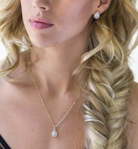 Vista 2 de A+O Conjunto de joyas de boda, collar y pendientes de lágrima en oro, oro rosa, plata