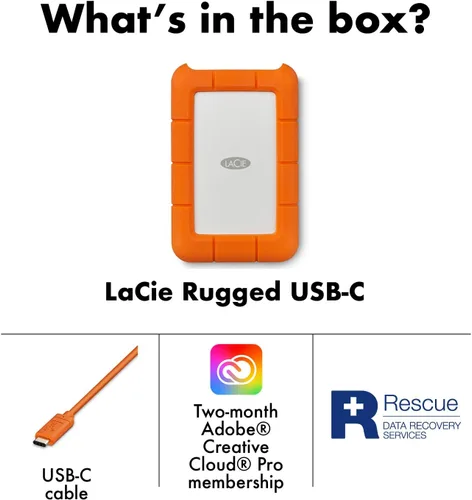 Vista 2 de LaCie Rugged HDD Externo Portátil de 5TB - Compatible con USB 3.0/2.0, Resistente a Golpes/Polvo/Lluvia para Mac y PC, Naranja, Gris
