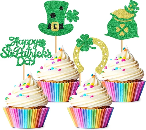 Vista 14 de Juego de 1 palillos para tartas de trébol, decoración de trébol con purpurina verde dorada para cumpleaños, baby shower, suministros de fiesta